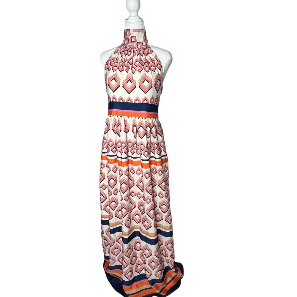 Eliza J Women Size 8 Cream Ivory High Neck Tie Halter geometric Long Maxi dress - Picture 10 of 15
